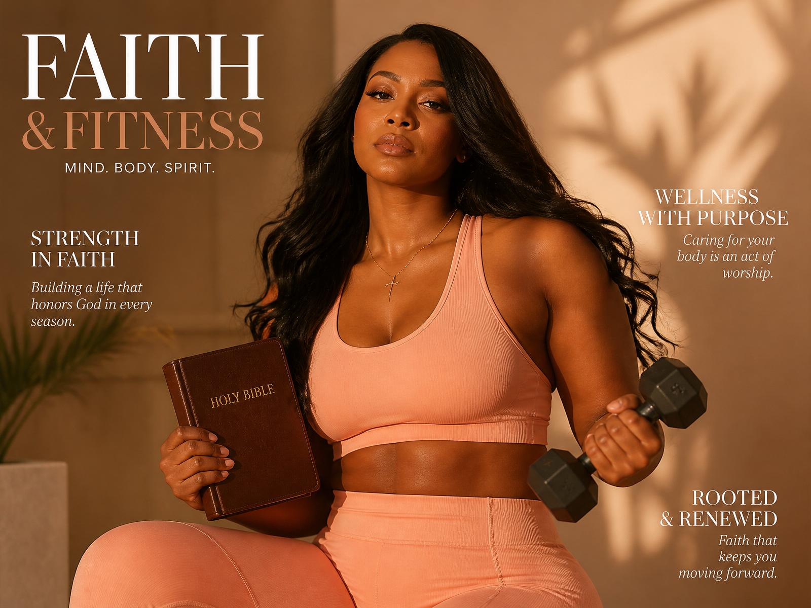 Faith-fueled fitness — magazine cover-style photo of a strong woman with Bible and dumbbell